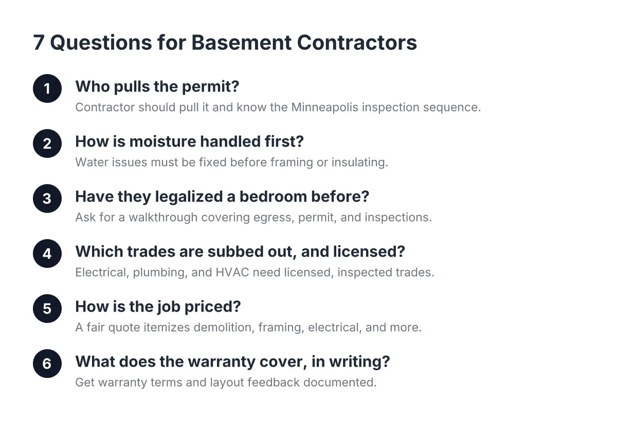 Steps showing key questions to ask basement contractors about bedroom legalization in Minneapolis