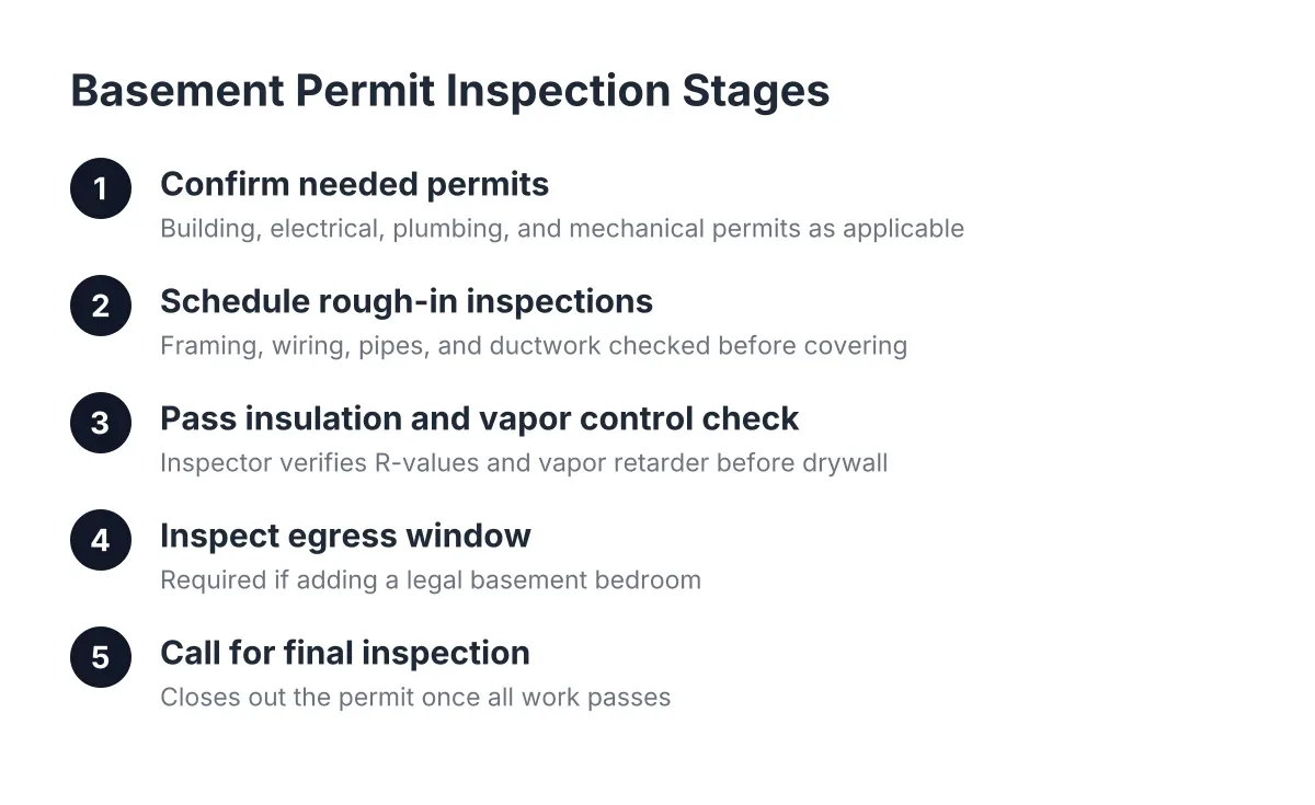Steps showing basement permit inspection stages from permitting to final inspection