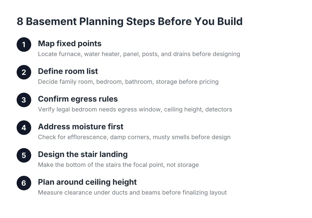 Diagram of basement renovation ideas planning steps from layout to ceiling height