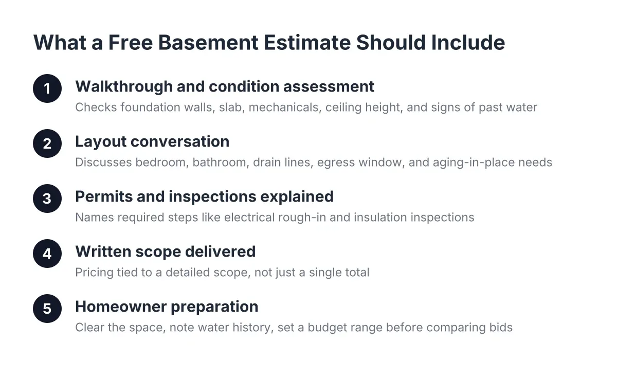 Steps in a free basement finishing estimate process for Minneapolis homeowners